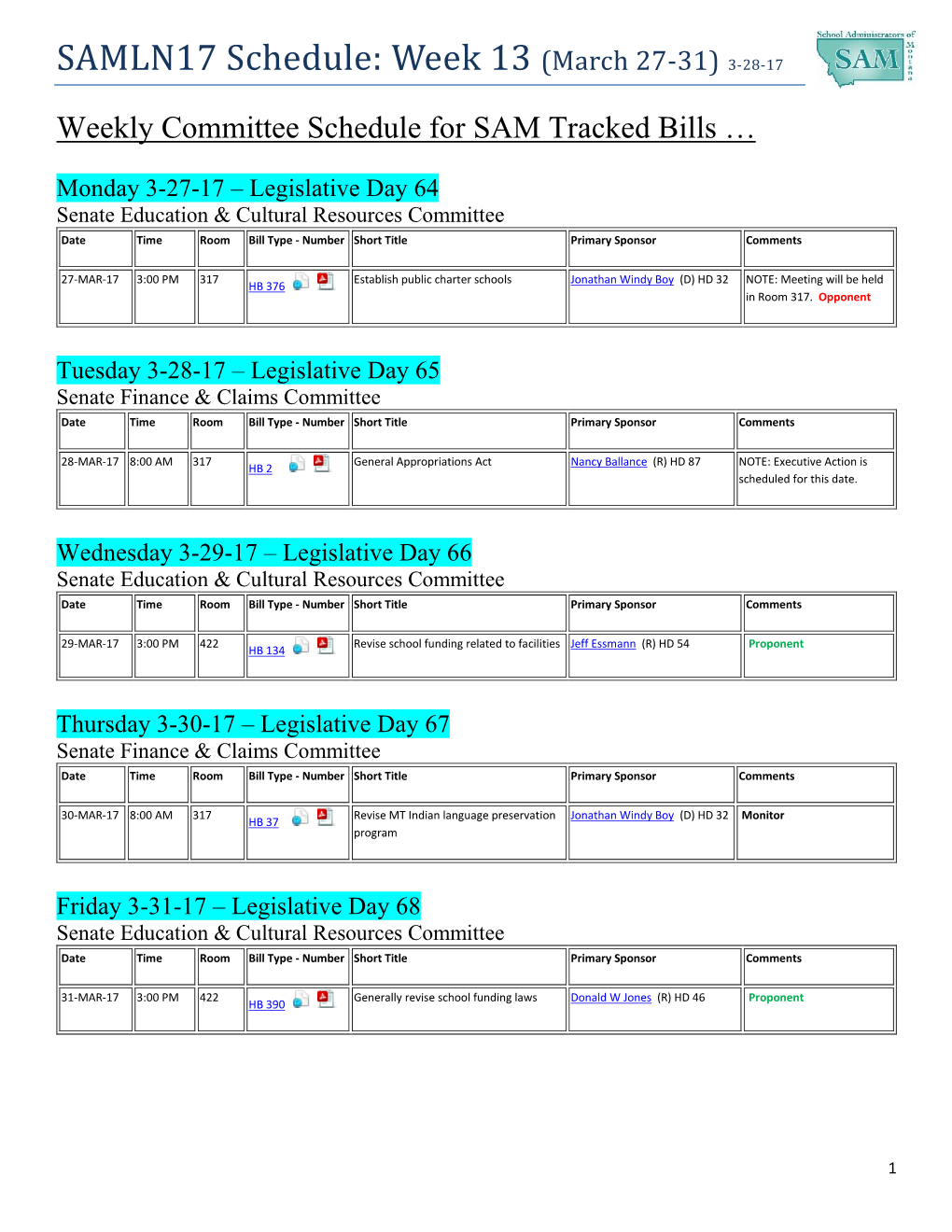 SAMLN17 Schedule: Week 13 (March 27-31) 3-28-17