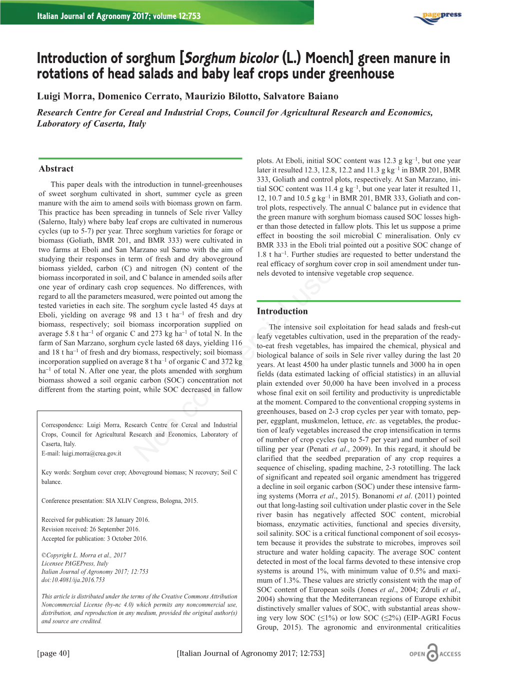 Introduction of Sorghum [Sorghum Bicolor (L.) Moench] Green Manure in Rotations of Head Salads and Baby Leaf Crops Under Greenhouse