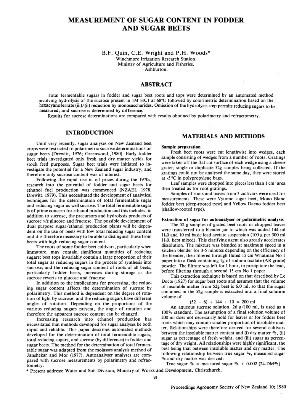 Measurement of Sugar Content in Fodder and Sugar Beets