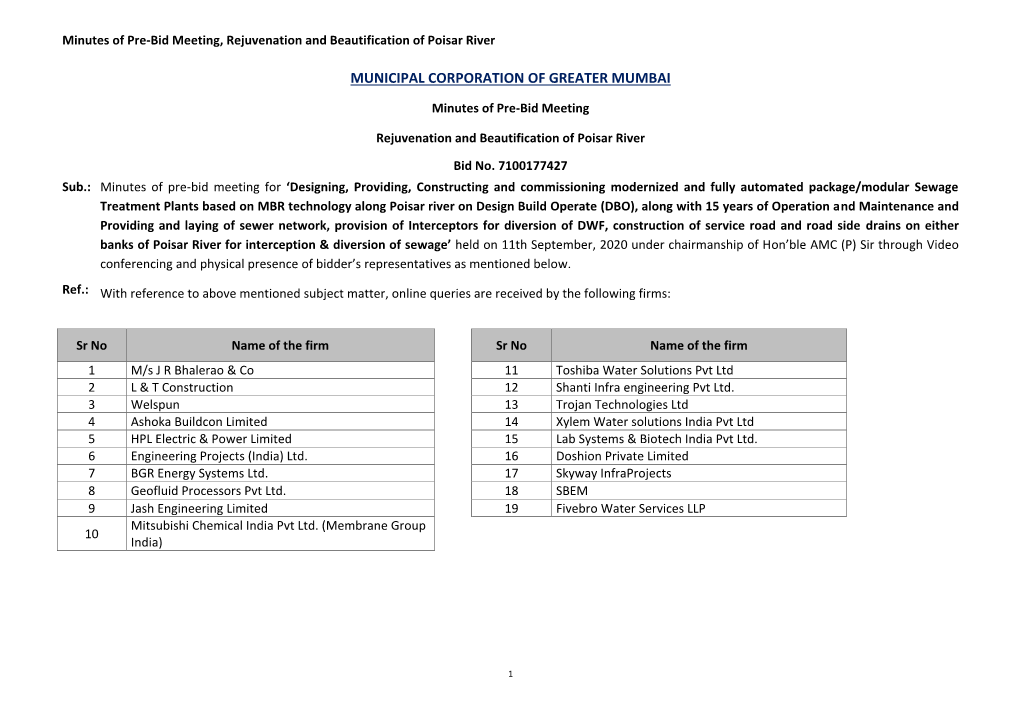 Minutes of Pre-Bid Meeting, Rejuvenation and Beautification of Poisar River