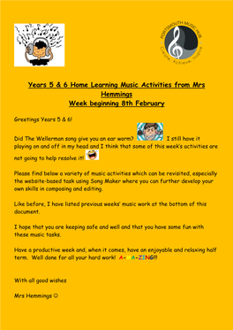 Years 5 & 6 Home Learning Music Activities from Mrs Hemmings Week