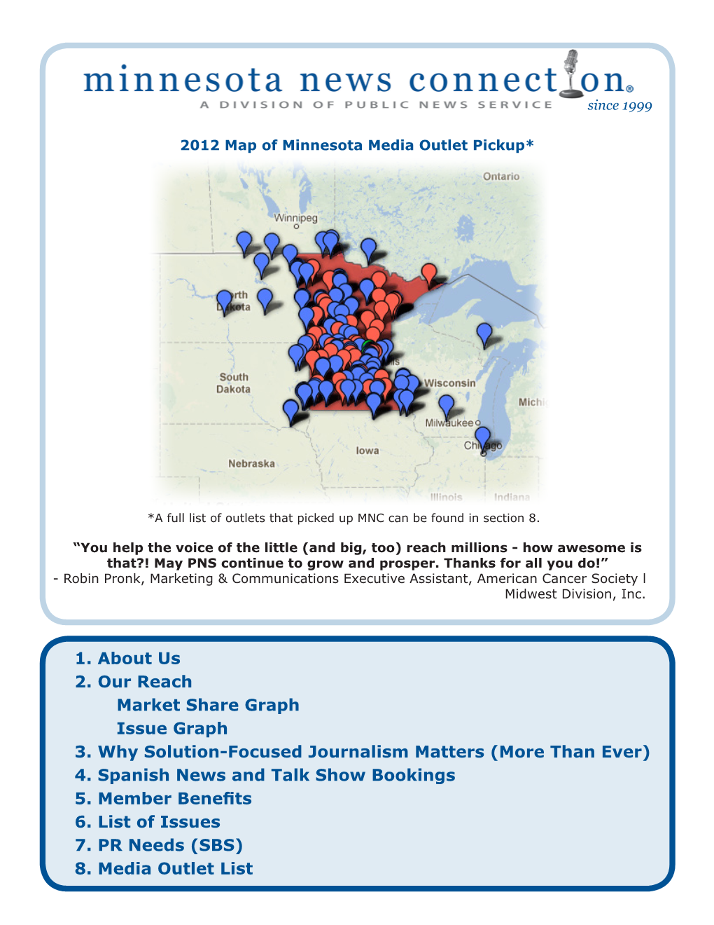 1. About Us 2. Our Reach Market Share Graph Issue Graph 3