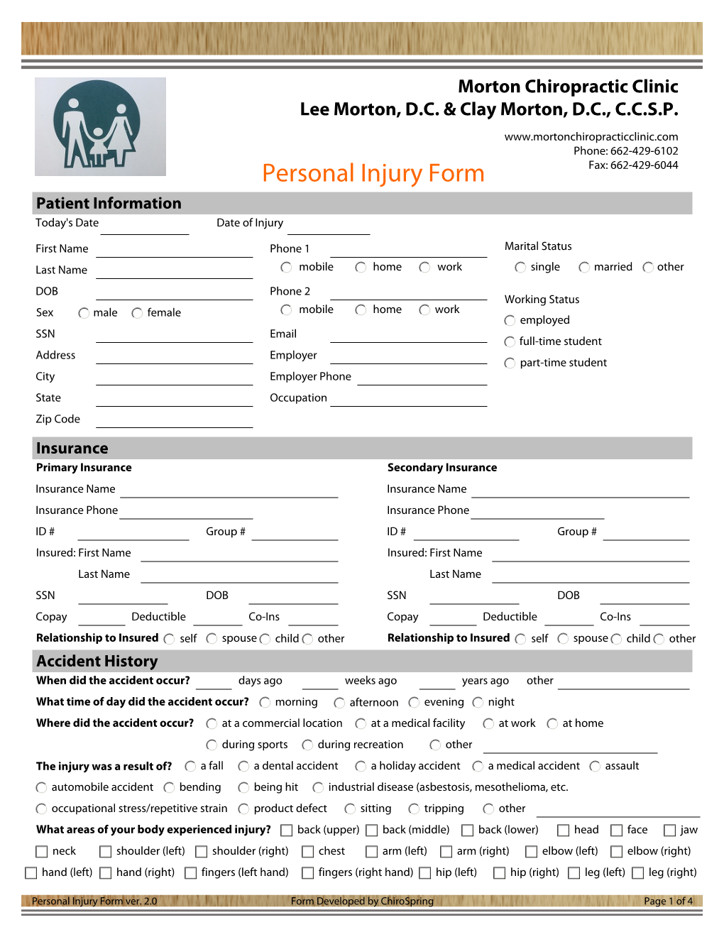 Personal Injury Form Patient Information Today's Date Date of Injury