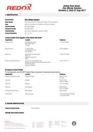 Safety Data Sheet Zinc Nitrate Solution Revision 2, Date 01 Aug 2017