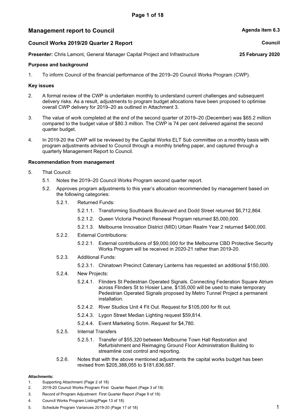 Management Report to Council Agenda Item 6.3