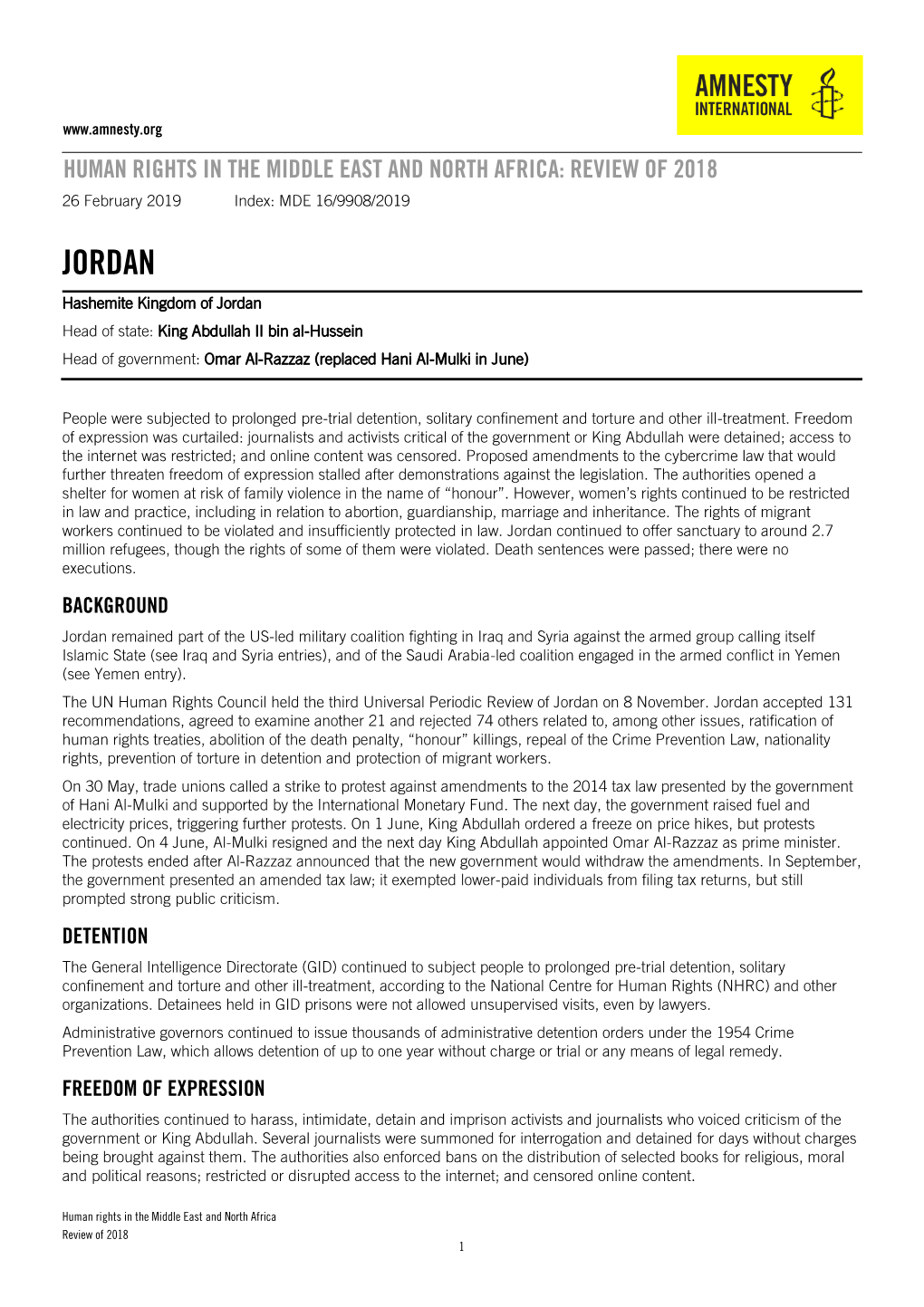 Jordan: Human Rights in Jordan: Review of 2018