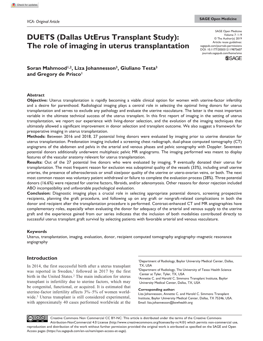 The Role of Imaging in Uterus Transplantation 10.1177/2050312119875607 Journals.Sagepub.Com/Home/Smo
