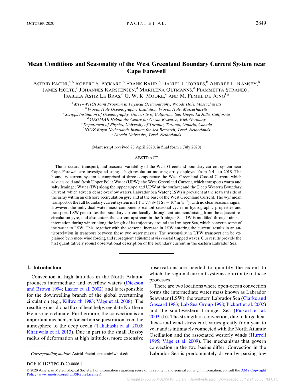 Mean Conditions and Seasonality of the West Greenland Boundary Current System Near Cape Farewell