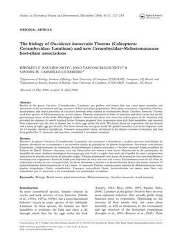 The Biology of Oncideres Humeralis Thorms (Coleoptera: Cerambycidae: Lamiinae) and New Cerambycidae–Melastomataceae Host-Plant Associations