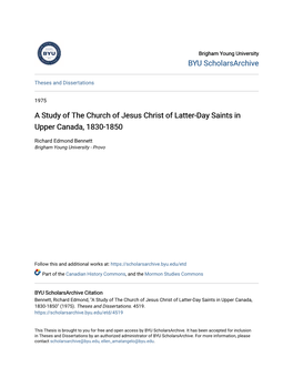 A Study of the Church of Jesus Christ of Latter-Day Saints in Upper Canada, 1830-1850