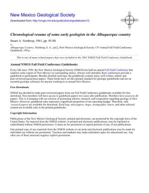 Chronological Resume of Some Early Geologists in the Albuquerque Country Stuart A