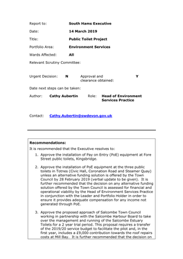 Report To: South Hams Executive Date: 14 March 2019 Title: Public Toilet Project Portfolio Area: Environment Services Wards Affe