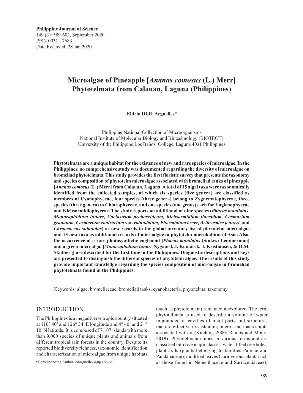 Microalgae of Pineapple [Ananas Comosus (L.) Merr] Phytotelmata from Calauan, Laguna (Philippines)