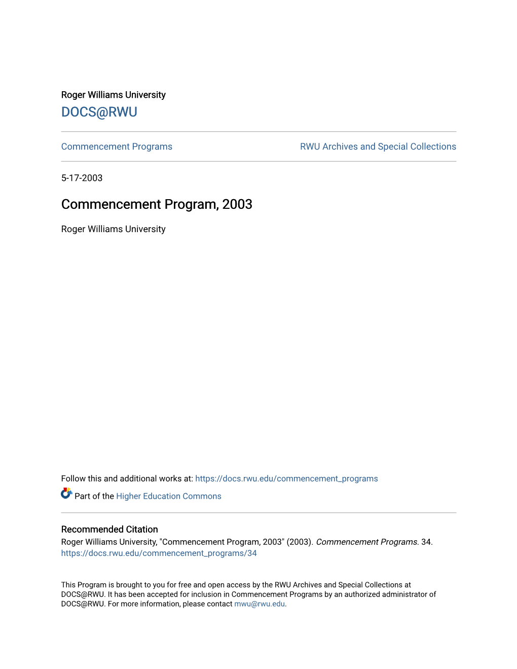 Commencement Program, 2003