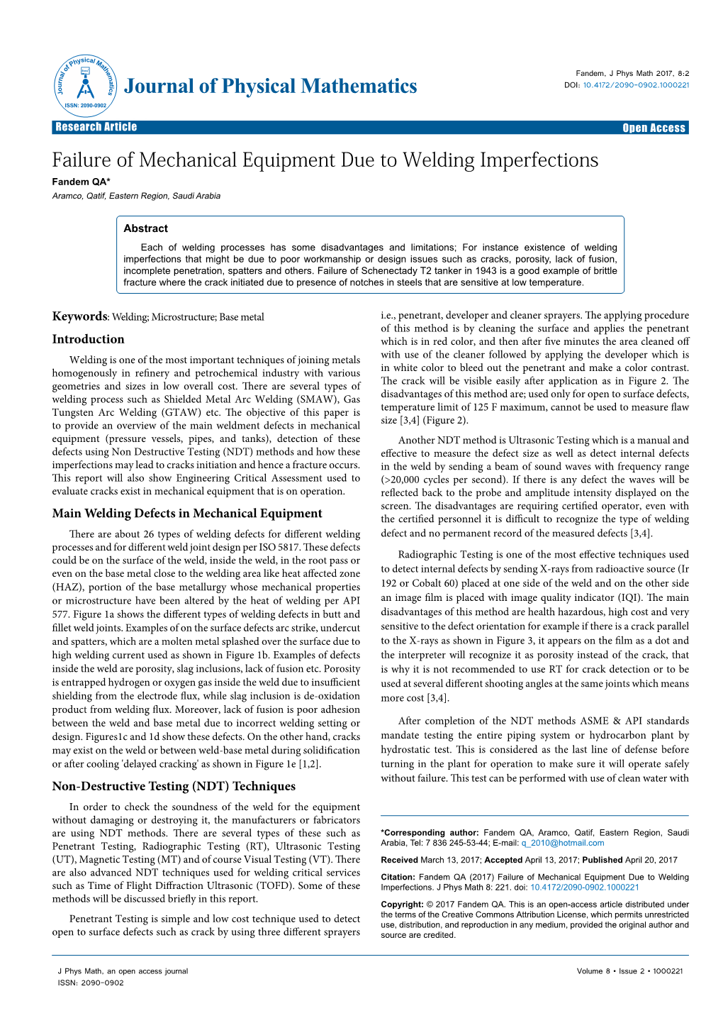 Failure of Mechanical Equipment Due to Welding Imperfections Fandem QA* Aramco, Qatif, Eastern Region, Saudi Arabia