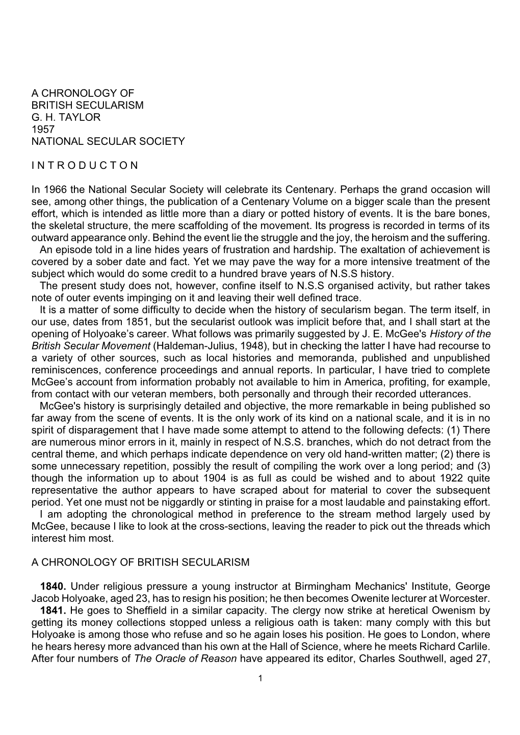 A Chronology of British Secularism G