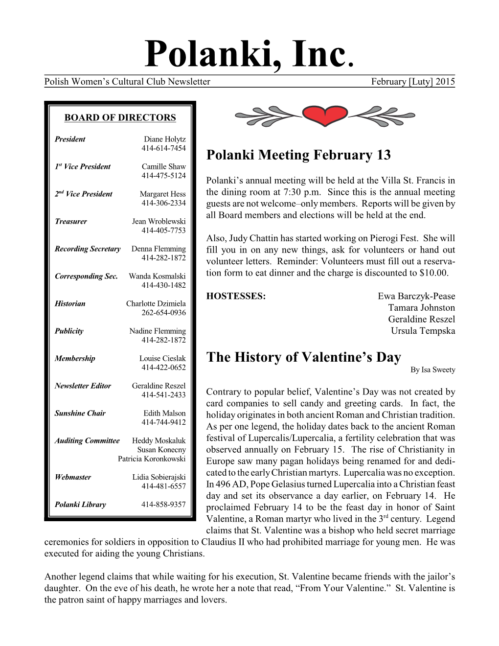 Polanki, Inc. Polish Women’S Cultural Club Newsletter February [Luty] 2015