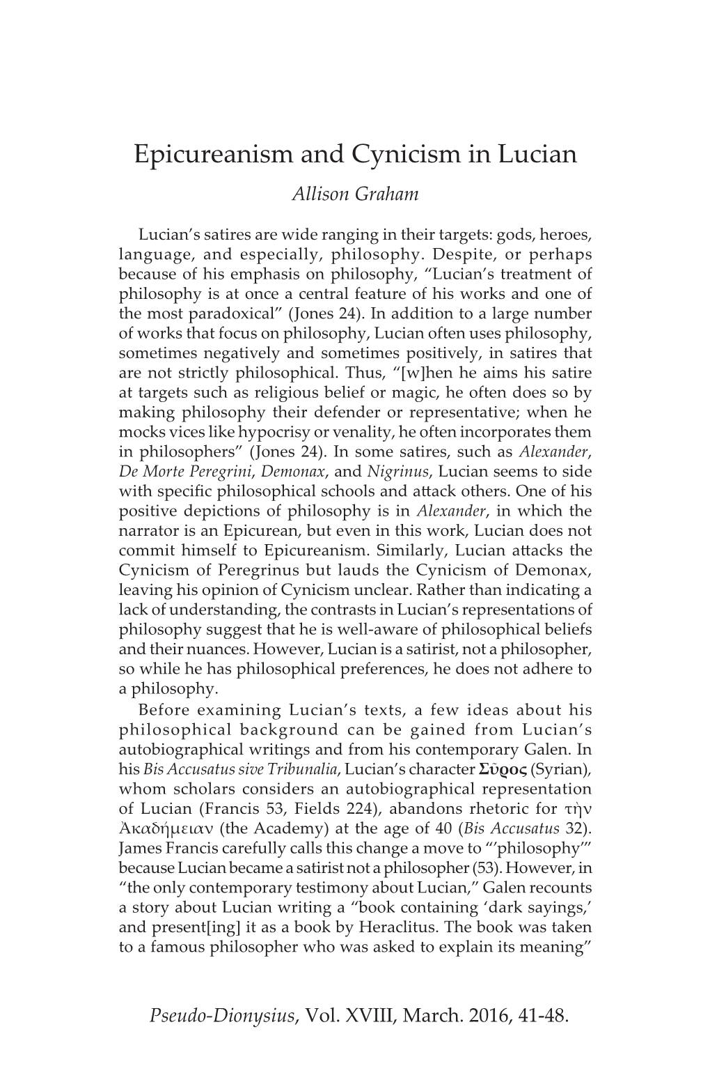 Epicureanism and Cynicism in Lucian Allison Graham