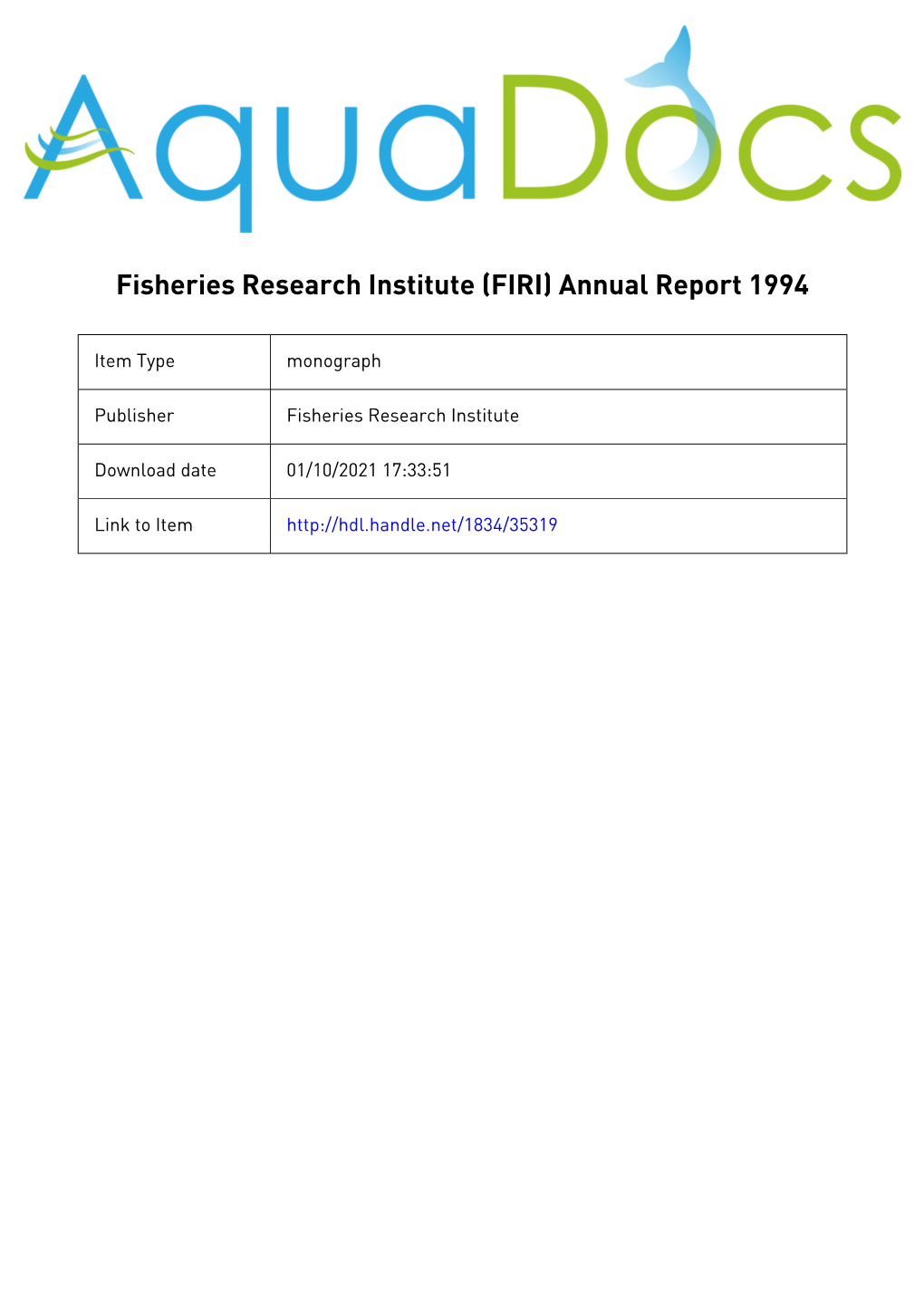 (Naro) Fisheries Research Institute (Firi) Annual Report