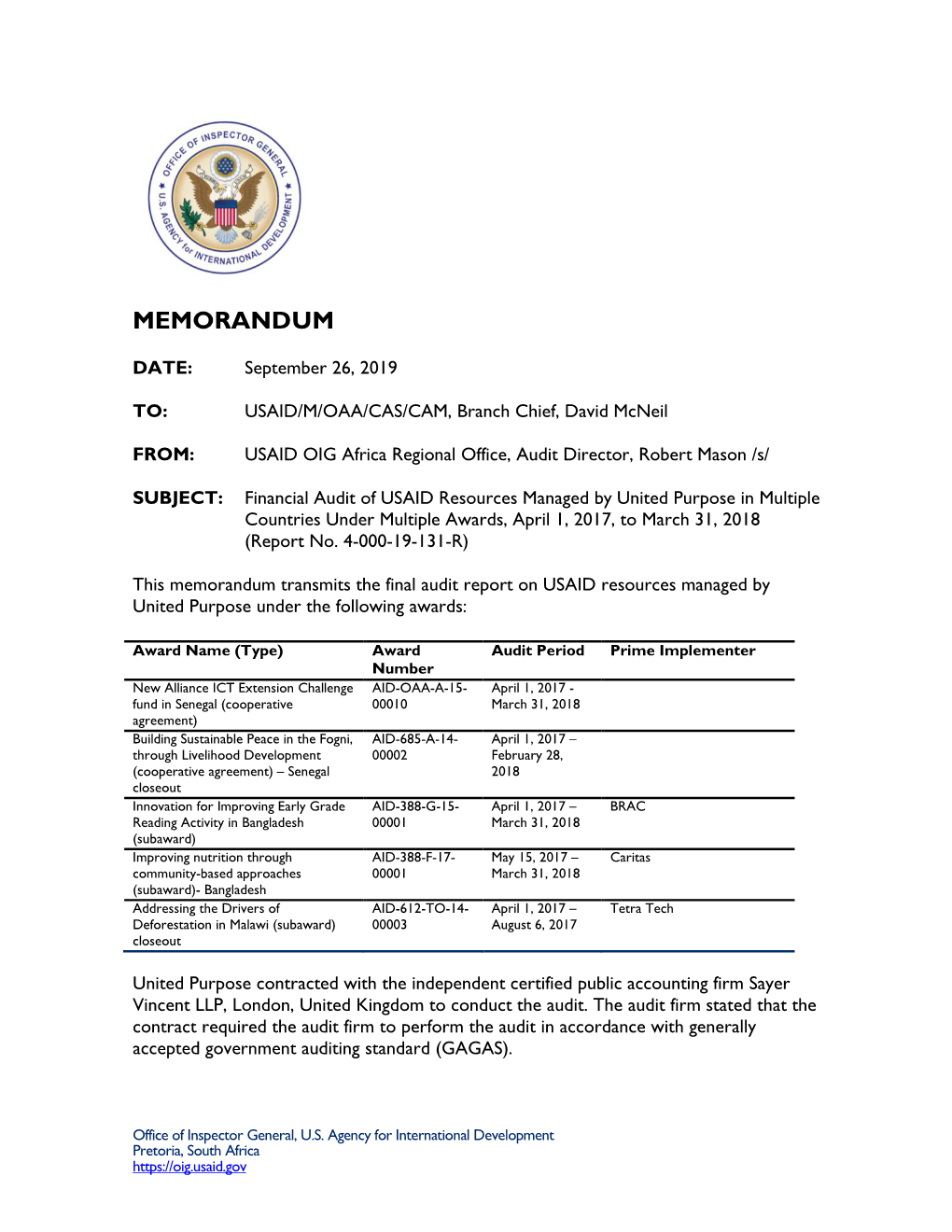 Financial Audit of USAID Resources Managed by United Purpose in Multiple Countries Under Multiple Awards, April 1, 2017, to March 31, 2018 (Report No