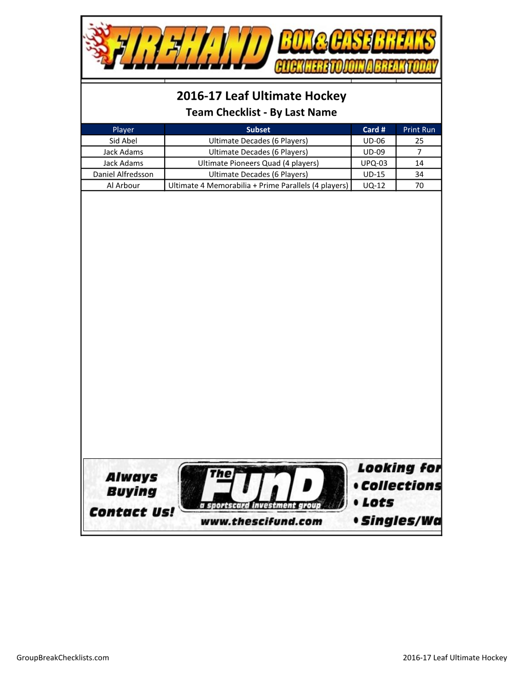 2016-17 Leaf Ultimate Draft Hockey Checklist;