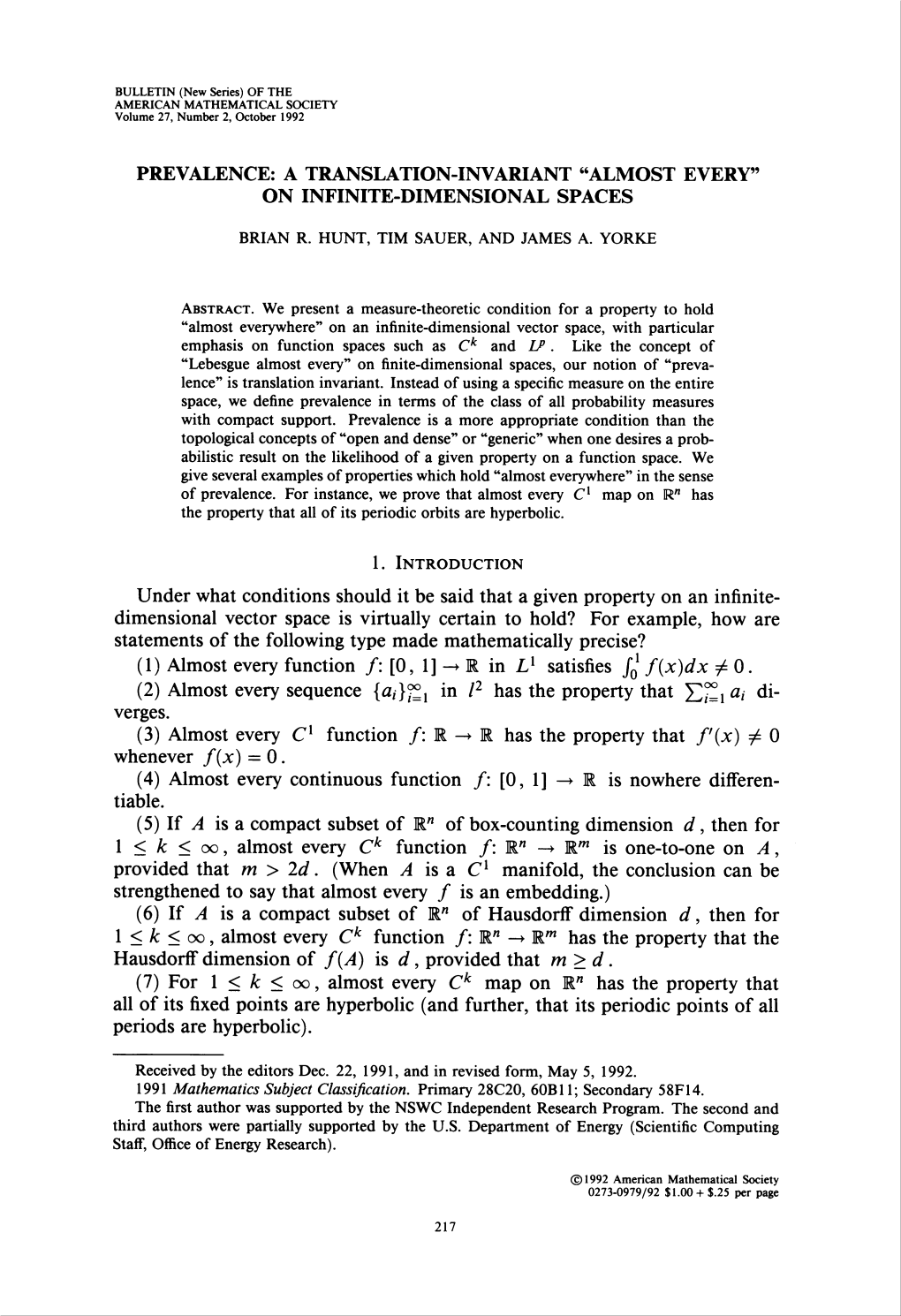 A Translation-Invariant "Almost Every" on Infinite Dimensional Spaces