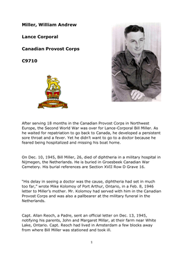 Miller, William Andrew Lance Corporal Canadian Provost Corps C9710