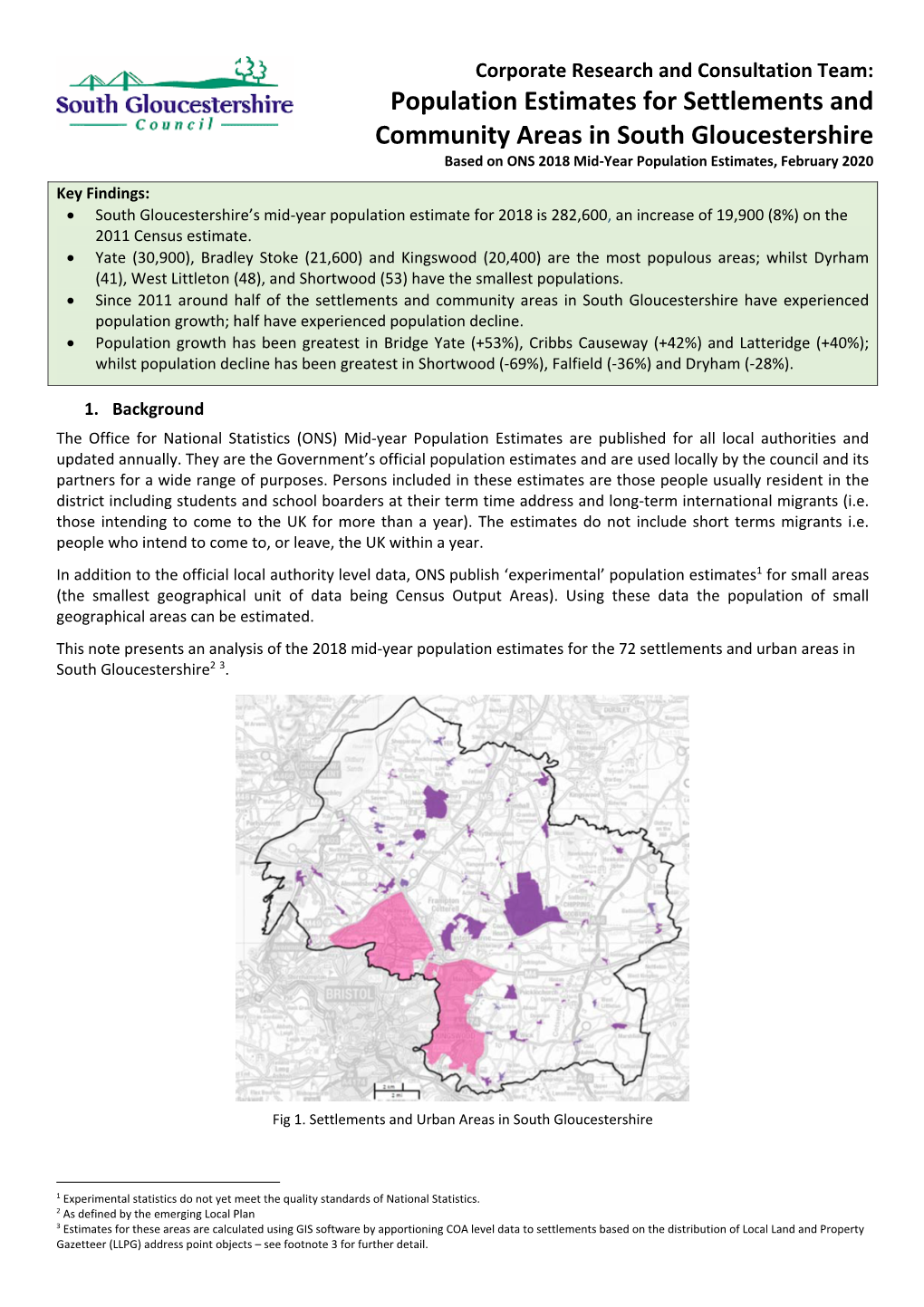 Population Estimates for Settlements and Community Areas in South Gloucestershire Based on ONS 2018 Mid‐Year Population Estimates, February 2020