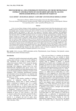 Phytochemical and Antioxidant Potential of Crude Methanolic Extract and Fractions of Celtis Eriocarpa Decne