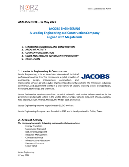 JACOBS ENGINEERING a Leading Engineering and Construction Company Aligned with Megatrends