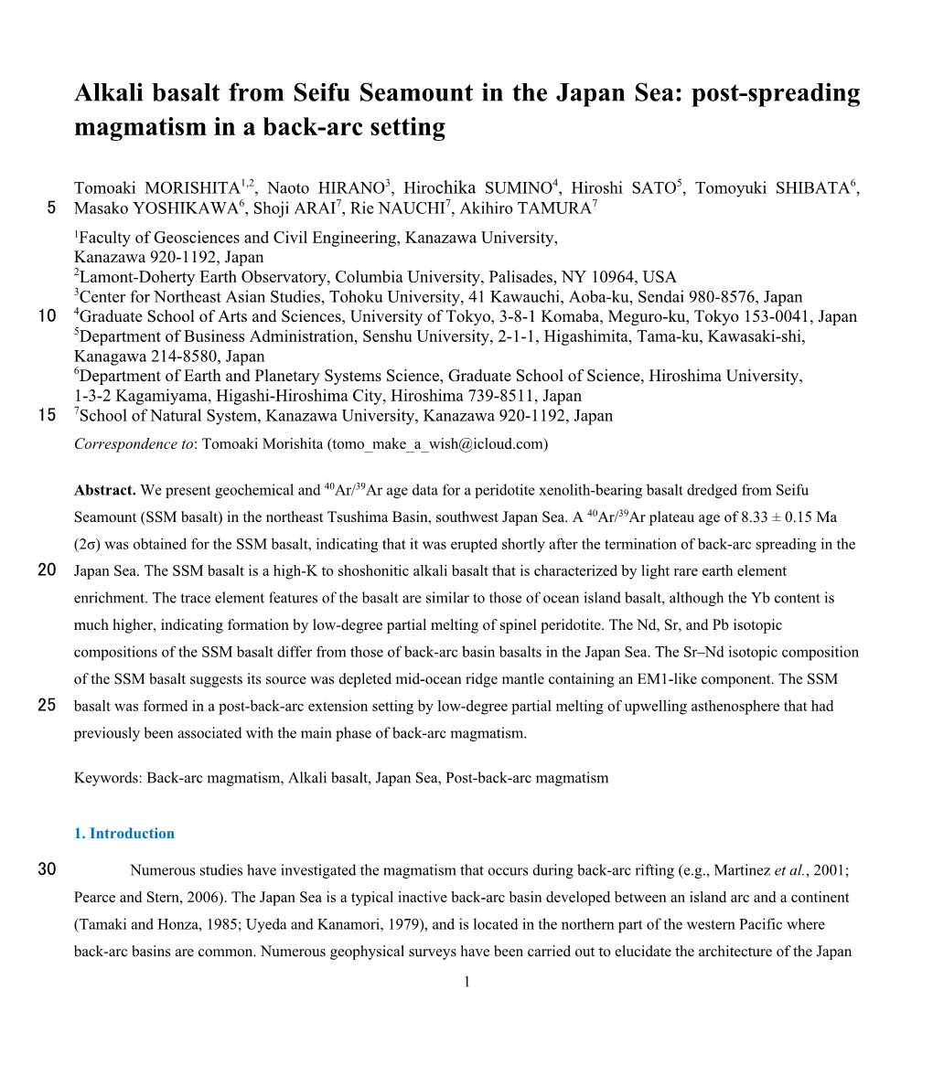 Alkali Basalt from Seifu Seamount in the Japan Sea: Post-Spreading Magmatism in a Back-Arc Setting