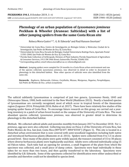 Phenology of an Urban Population of Lyssomanes Jemineus Peckham & Wheeler (Araneae: Salticidae) with a List of Other Jumping Spiders from the Same Costa Rican Site