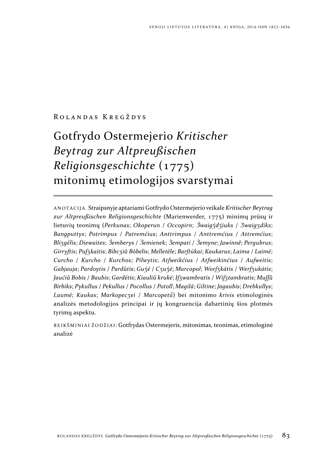 Gotfrydo Ostermejerio Kritischer Beytrag Zur Altpreußischen Religionsgeschichte (1775) Mitonimų Etimologijos Svarstymai