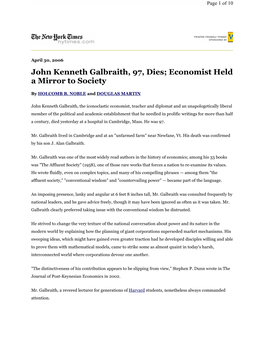 John Kenneth Galbraith, 97, Dies; Economist Held a Mirror to Society