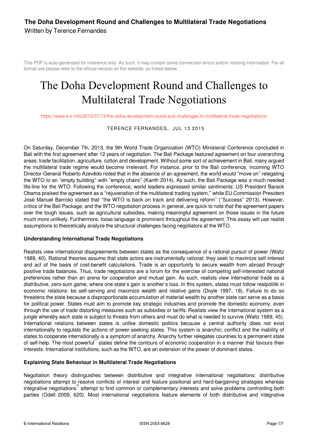 The Doha Development Round and Challenges to Multilateral Trade Negotiations Written by Terence Fernandes