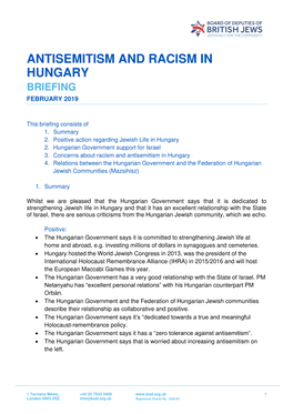 Briefing on Antisemitism in Hungary Briefing