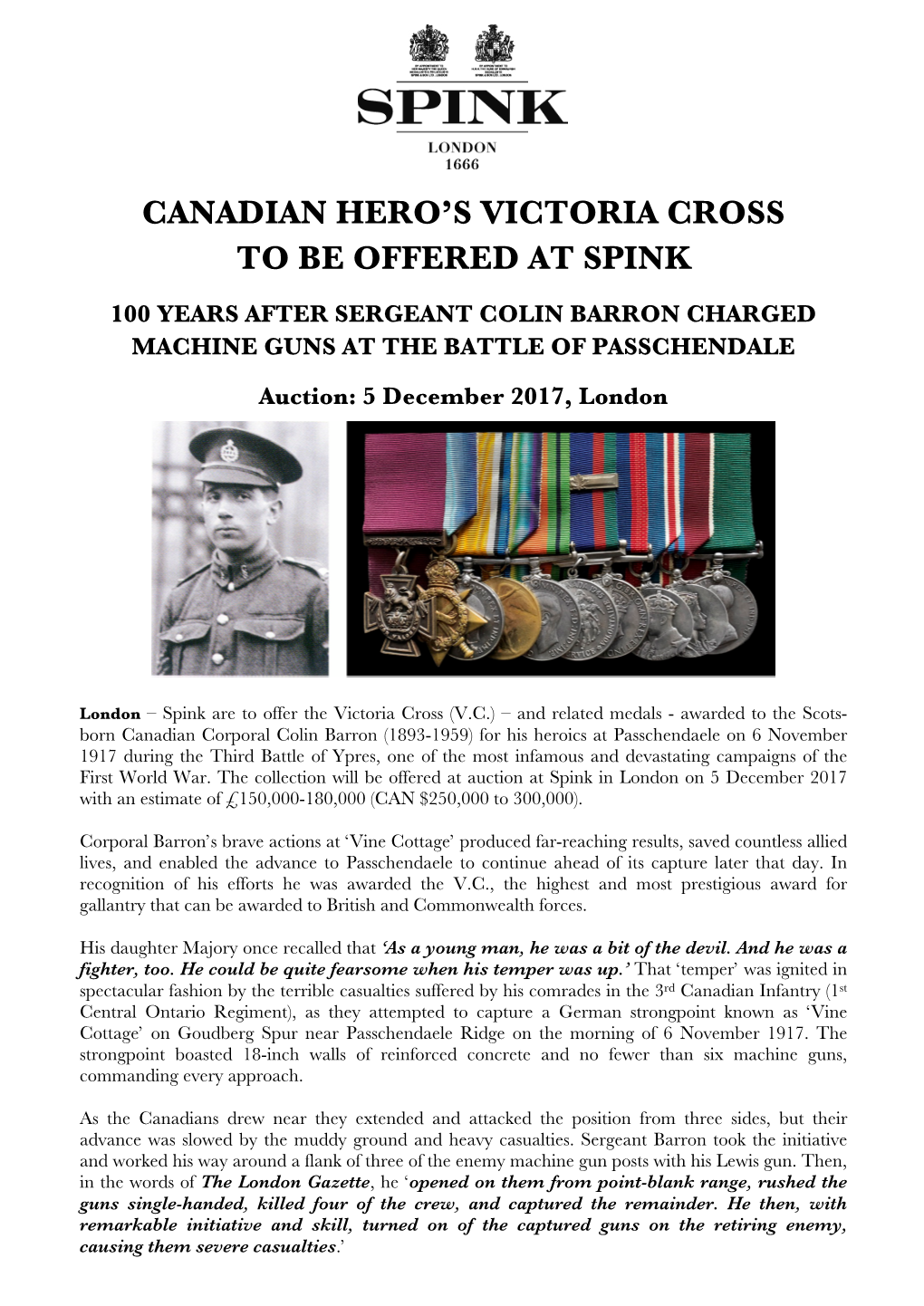 Canadian Hero's Victoria Cross to Be Offered at Spink