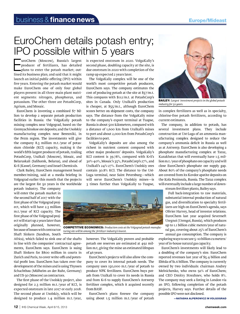 Eurochem Details Potash Entry; IPO Possible Within 5 Years Urochem (Moscow), Russia’S Largest Is Expected Onstream in 2020