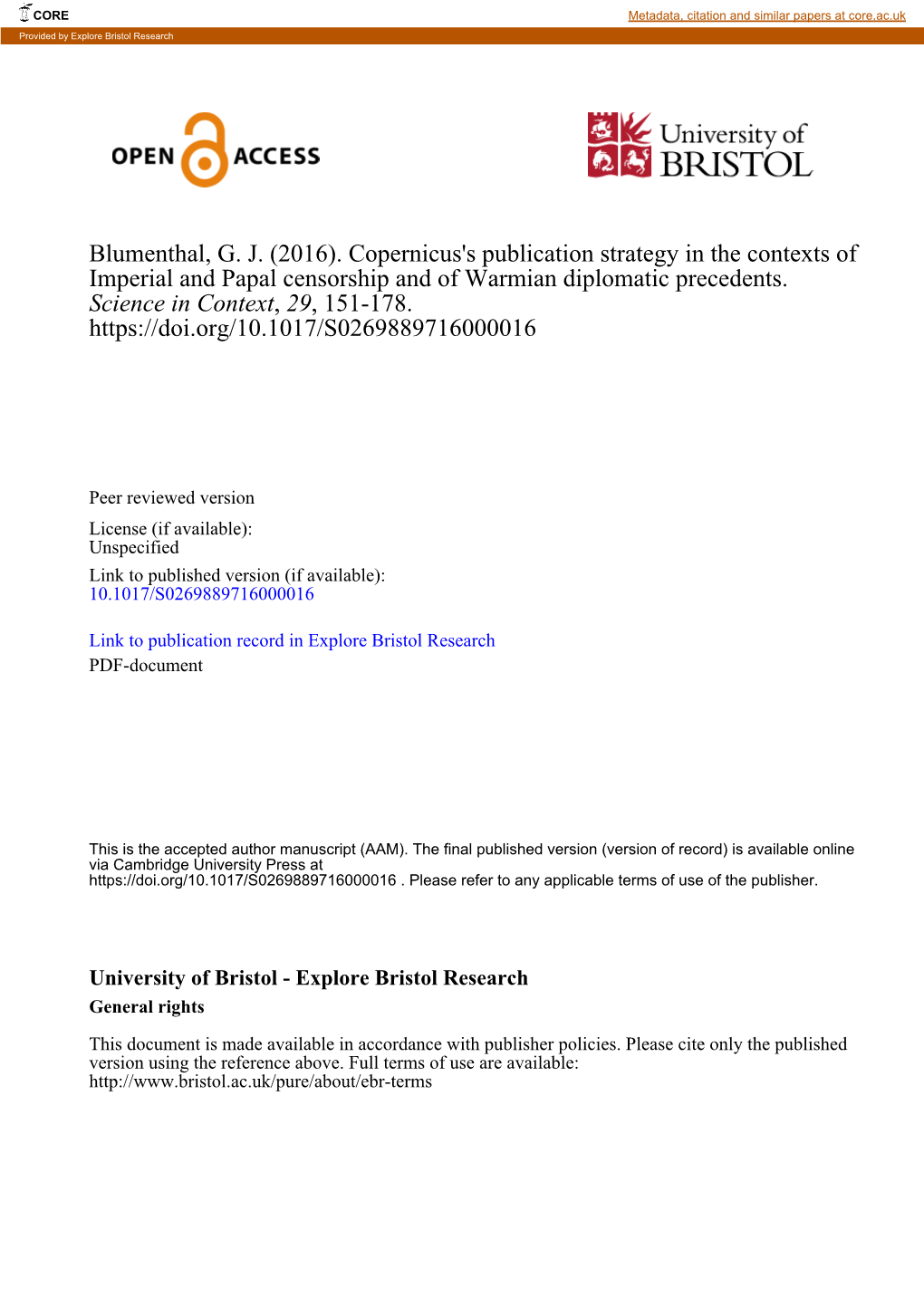 Copernicus's Publication Strategy in the Contexts of Imperial and Papal Censorship and of Warmian Diplomatic Precedents