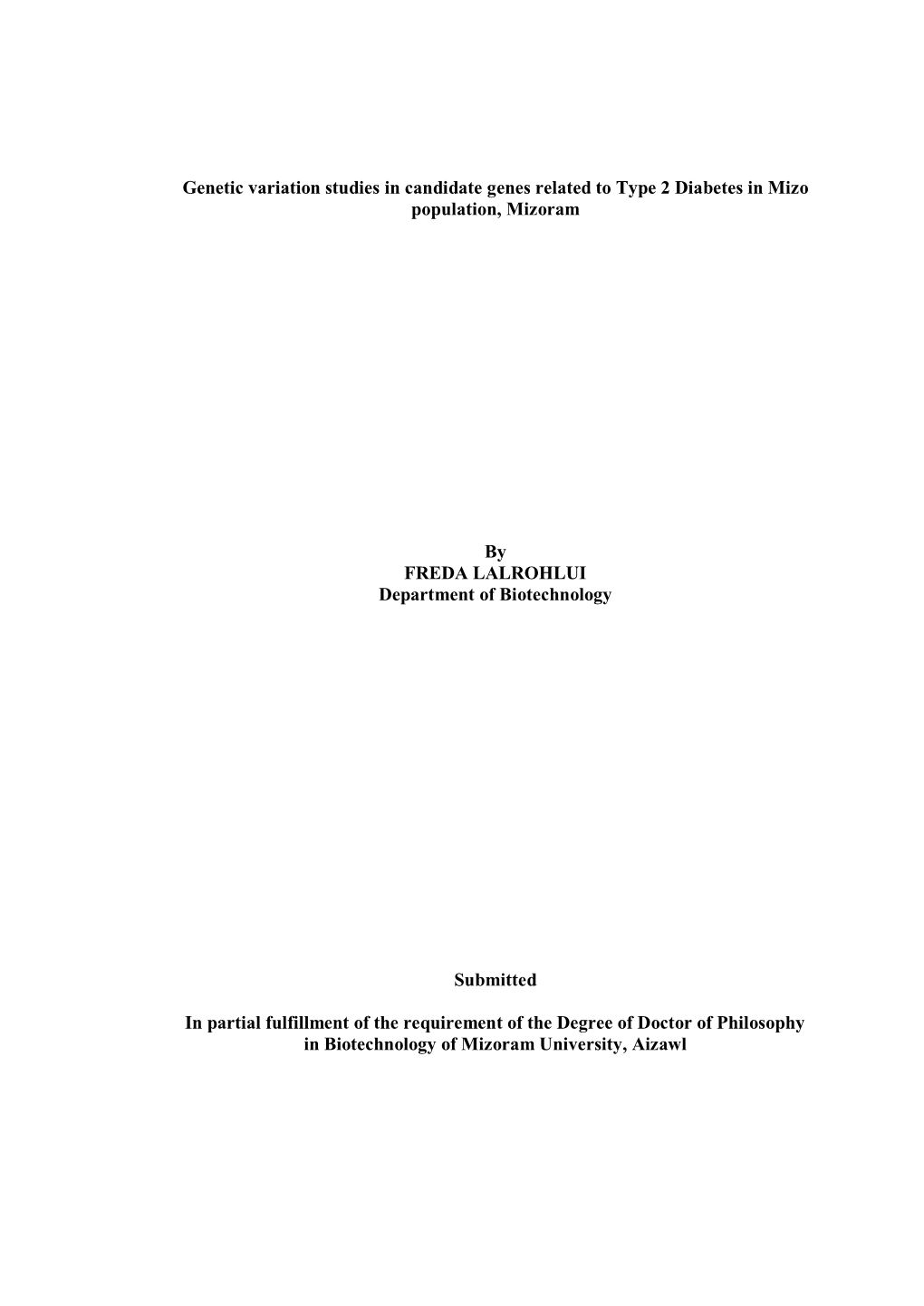 Genetic Variation Studies in Candidate Genes Related to Type 2 Diabetes in Mizo Population, Mizoram