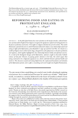 REFORMING FOOD and EATING in PROTESTANT ENGLAND, C