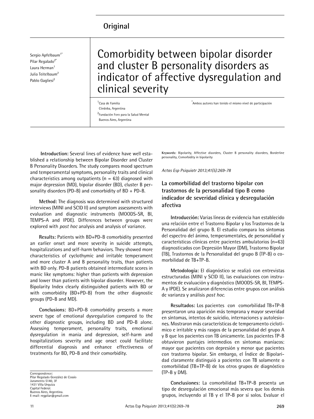 Comorbidity Between Bipolar Disorder and Cluster B Personality Disorders As Indicator of Affective Dysregulation and Clinical Severity