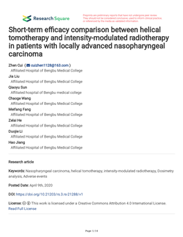 Short-Term E Cacy Comparison Between Helical Tomotherapy and Intensity-Modulated Radiotherapy in Patients with Locally Advanced