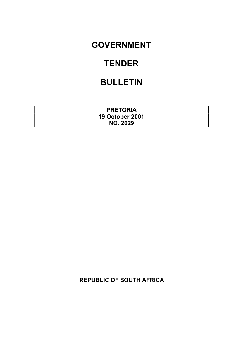 Government Tender Bulletin, 19 October 2001