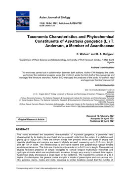 Taxonomic Characteristics and Phytochemical Constituents of Asystasia Gangetica (L.) T