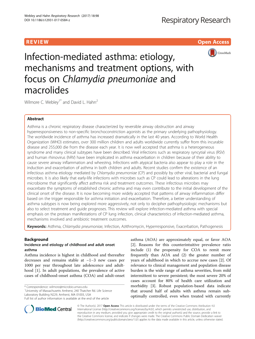 Infection-Mediated Asthma: Etiology, Mechanisms and Treatment Options, with Focus on Chlamydia Pneumoniae and Macrolides Wilmore C