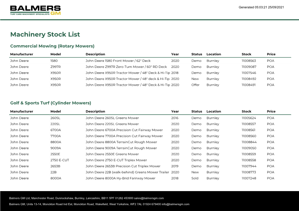 New Machinery Stocklist