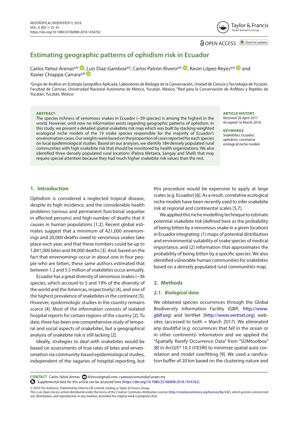 Estimating Geographic Patterns of Ophidism Risk in Ecuador