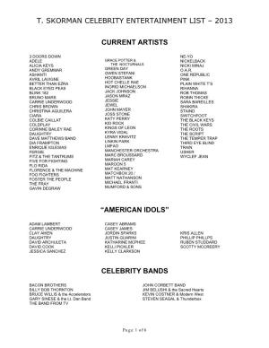 T. Skorman Celebrity Entertainment List – 2013