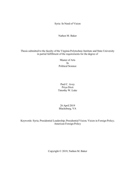 In Need of Vision Nathen M. Baker Thesis Submitted to the Faculty Of